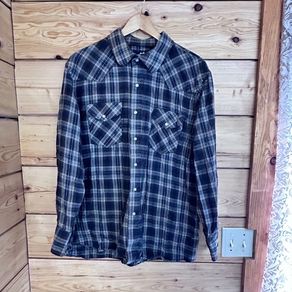 Work Mate MWG Mens XL Brown Grey Plaid Pearl Snap Western Work Shirt Long Sleeve